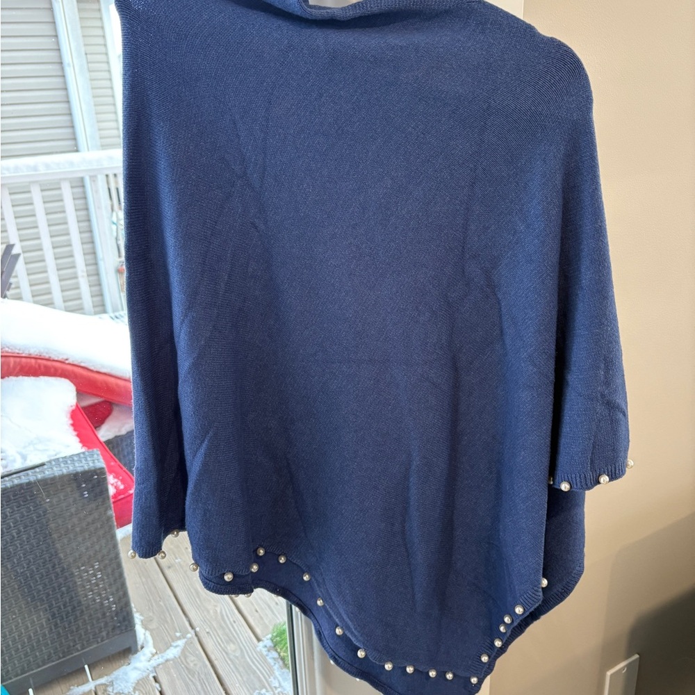 CHARLIE B blue Sweater/poncho with Pearl Details
